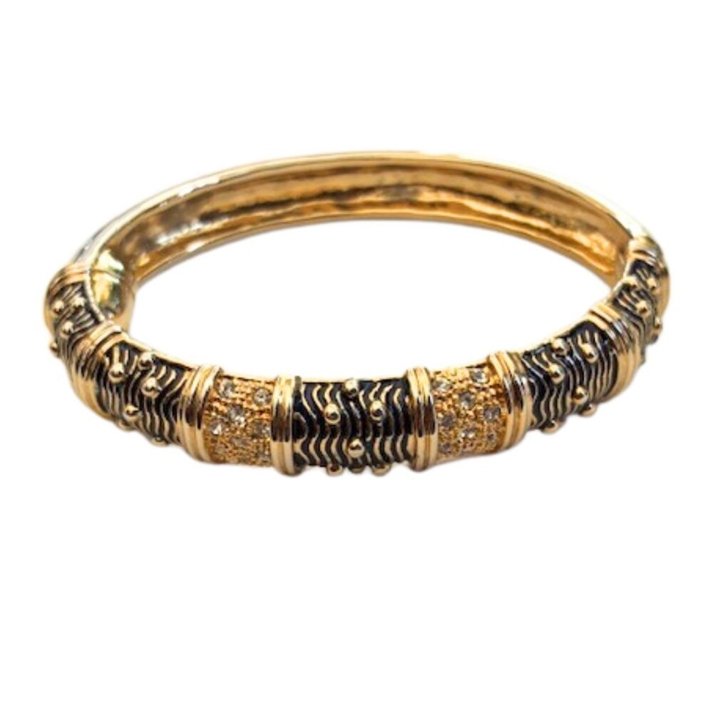 Vintage Gold Tone Black Enamel Rhinestone Luxe Bangle Bracelet